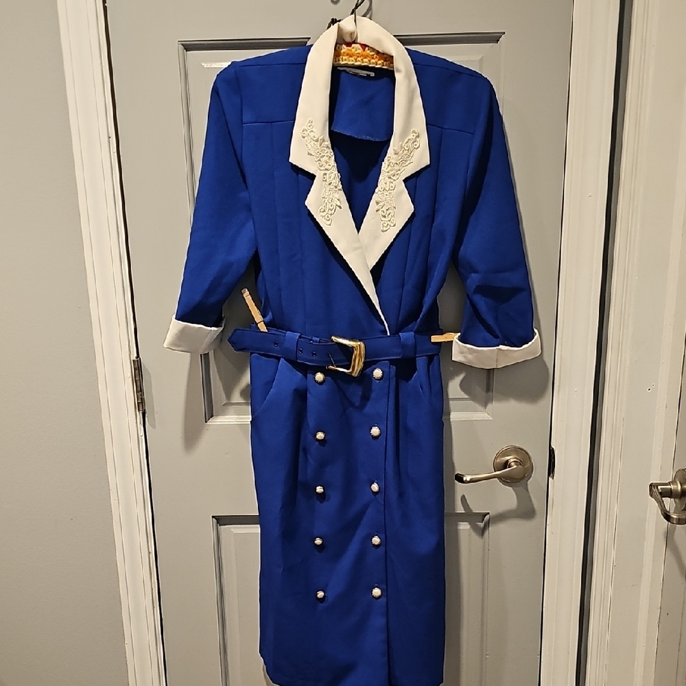 80s Miss Dorby Blue Dress White Accents Double Breasted Office Casual Vintage